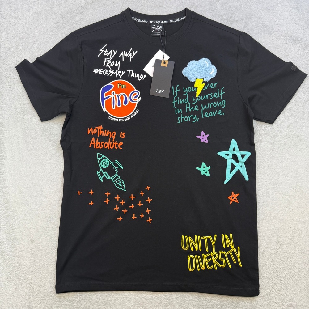 Switch Remarkable T Shirt Mens Large Black Graphic Mixed Media Patch Streetwear